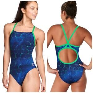 Speedo Endurance + Emerging Force Flyback One Piece Swimsuit Blue Green Size 28